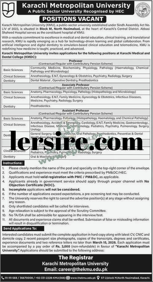Karachi Metropolitan University Jobs 2026